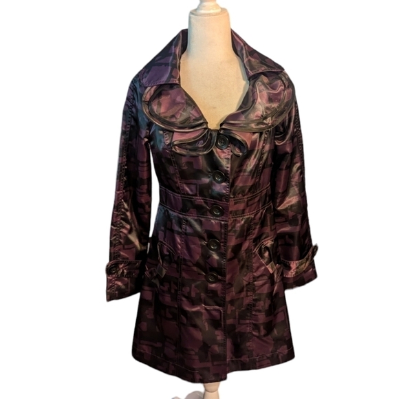 Nick & Mo Anthropology purple/ black satin ruffle collar unique trenchcoat sz S - Picture 10 of 13